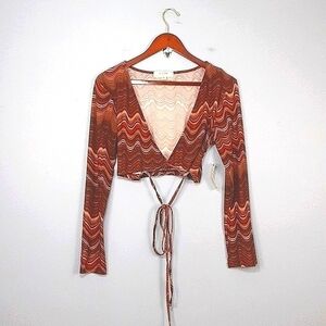 No Comment Bohemian 70's Vibe Cropped Wrap Around Waist Tie Long Sleeve Rust Top